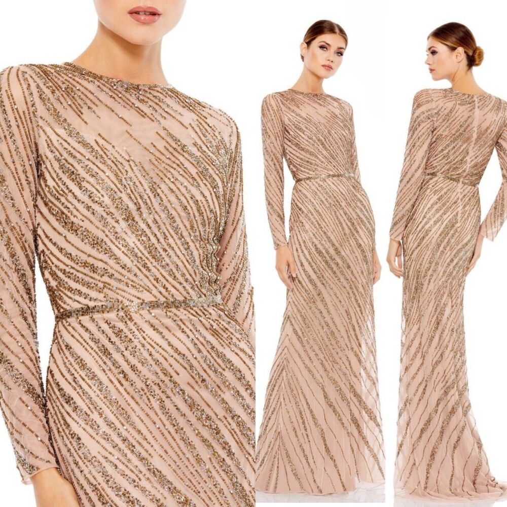 $598 MAC DUGGAL Long Sleeve Beaded Column Gown Mocha 18